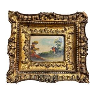Miniature Italian Landscape Oil Painting Gilded Frame –Signed AC- Made in Italy